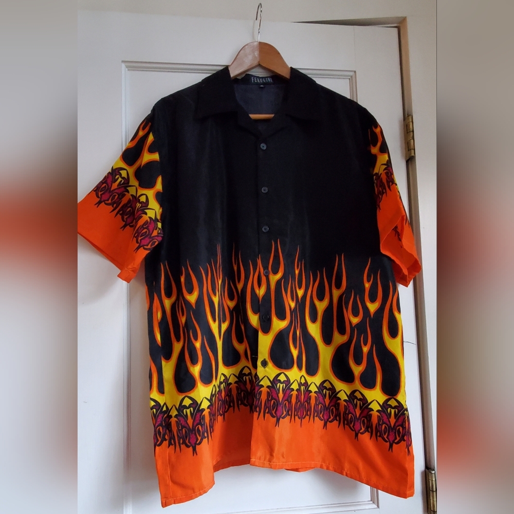 Men's Flame Design Black and Orange Shirt XL